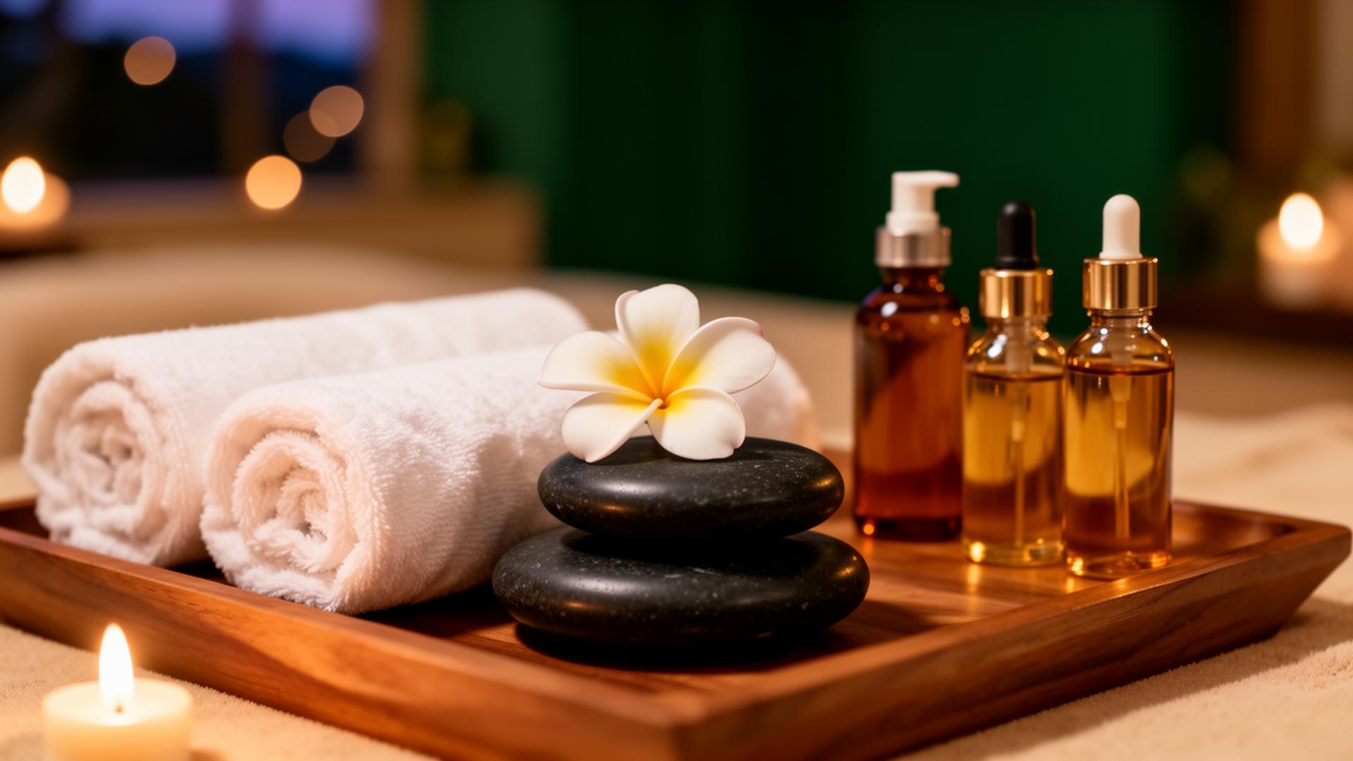 Calm spa setting with candles, towels and massage oils