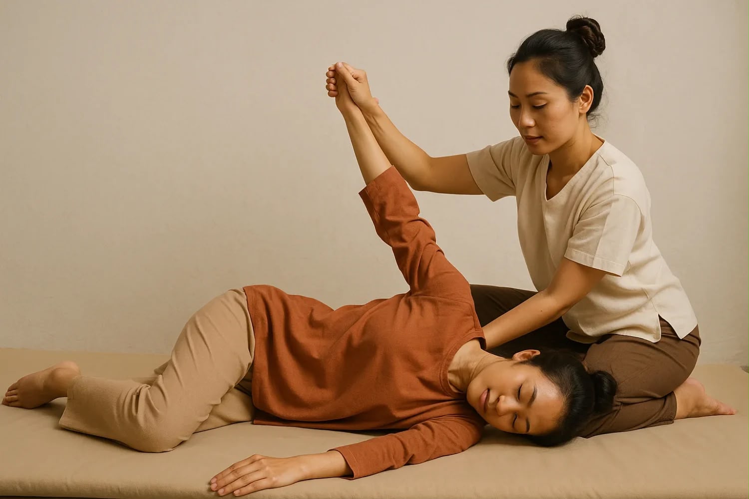 Assisted yoga-like stretch during a traditional Thai massage session